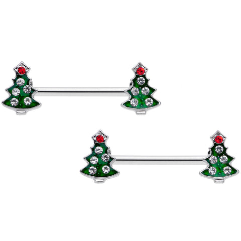 14G 9/16 Clear Red Gem Christmas Tree Barbell Nipple Ring Set