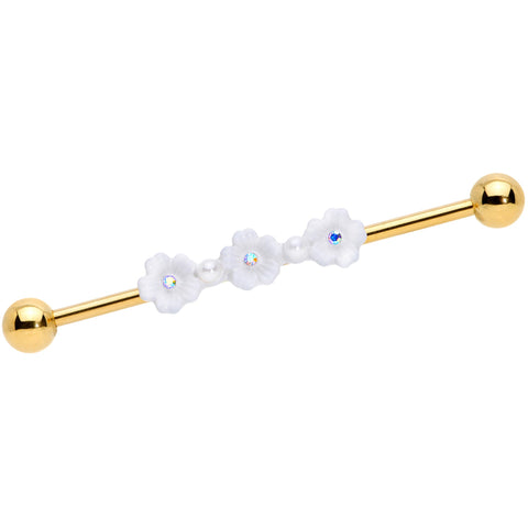 14G Aurora Gem Gold Tone Flower Industrial Barbell 38mm