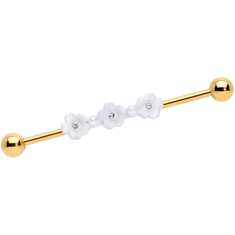 14G Clear Gem Gold Tone Flower Industrial Barbell 38mm
