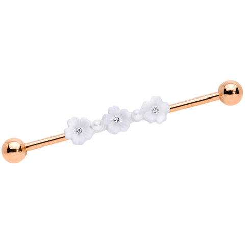 14G Clear Gem Rose Gold Tone Flower Industrial Barbell 38mm