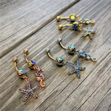 Blue Gem Rose Gold Tone Starfish Seahorse Nautical Belly Ring Set of 2