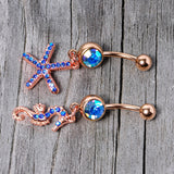 Blue Gem Rose Gold Tone Starfish Seahorse Nautical Belly Ring Set of 2