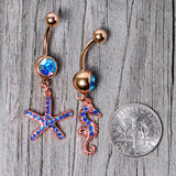 Blue Gem Rose Gold Tone Starfish Seahorse Nautical Belly Ring Set of 2