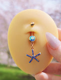 Blue Gem Rose Gold Tone Starfish Seahorse Nautical Belly Ring Set of 2
