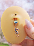 Blue Gem Rose Gold Tone Starfish Seahorse Nautical Belly Ring Set of 2