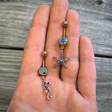 Blue Gem Rose Gold Tone Starfish Seahorse Nautical Belly Ring Set of 2
