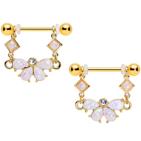 14G 5/8 White Faux Opal Gold Tone Bow Dangle Nipple Ring Set