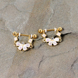 14G 5/8 White Faux Opal Gold Tone Bow Dangle Nipple Ring Set