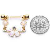 14G 5/8 White Faux Opal Gold Tone Bow Dangle Nipple Ring Set