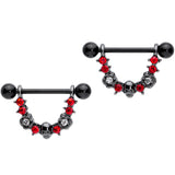 14G 5/8 Red Clear Gem Black Skull Rose Dangle Nipple Ring Set
