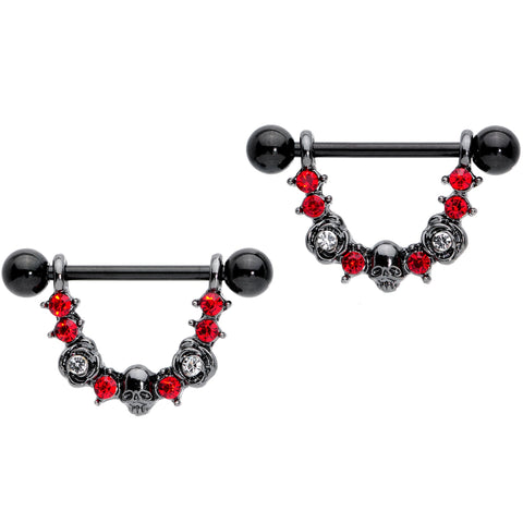 14G 5/8 Red Clear Gem Black Skull Rose Dangle Nipple Ring Set