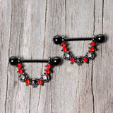 14G 5/8 Red Clear Gem Black Skull Rose Dangle Nipple Ring Set