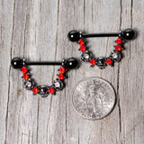 14G 5/8 Red Clear Gem Black Skull Rose Dangle Nipple Ring Set