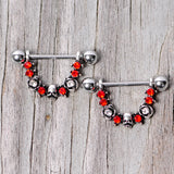 14G 5/8 Red Clear Gem Halloween Skull Rose Dangle Nipple Ring Set