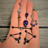 14G 5/8 Clear Gem Black Bat Halloween Dangle Nipple Ring Set