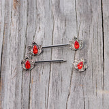 14G 5/8 Red Gem Holly Leaf Holiday Barbell Nipple Ring Set