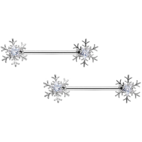 14G 5/8 Clear Gem Snowflake Barbell Nipple Ring Set