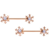14G 5/8 Clear Gem Rose Gold Hue Snowflake Barbell Nipple Ring Set
