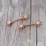 14G 5/8 Clear Gem Rose Gold Hue Snowflake Barbell Nipple Ring Set