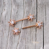 14G 5/8 Clear Gem Rose Gold Hue Snowflake Barbell Nipple Ring Set
