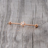 14G Clear Gem Rose Gold Tone Snowflake Industrial Barbell 38mm
