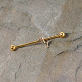 14G Blue Gem Gold Tone Leaping Cat Industrial Barbell 38mm
