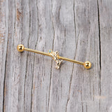 14G Blue Gem Gold Tone Leaping Cat Industrial Barbell 38mm