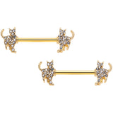 14G 9/16 Clear Gem Gold Tone Glamour Cat Barbell Nipple Ring Set