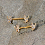 14G 9/16 Clear Gem Gold Tone Glamour Cat Barbell Nipple Ring Set
