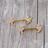 14G 9/16 Clear Gem Gold Tone Glamour Cat Barbell Nipple Ring Set