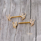 14G 9/16 Clear Gem Gold Tone Glamour Cat Barbell Nipple Ring Set