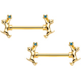 14G 9/16 Blue Gem Gold Tone Leaping Cat Barbell Nipple Ring Set
