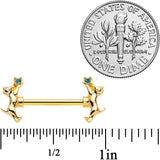 14G 9/16 Blue Gem Gold Tone Leaping Cat Barbell Nipple Ring Set