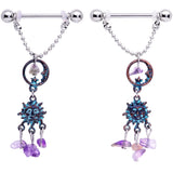 14G 5/8 Purple Gem Solstice Sun Moon Dangle Nipple Ring Set