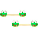 14G 9/16 Gold Tone Green Goofy Frog Barbell Nipple Ring Set