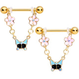 14G 5/8 Aurora Gem Gold Tone Flower Dangle Nipple Ring Set