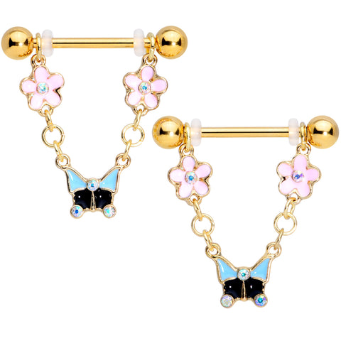 14G 5/8 Aurora Gem Gold Tone Flower Dangle Nipple Ring Set