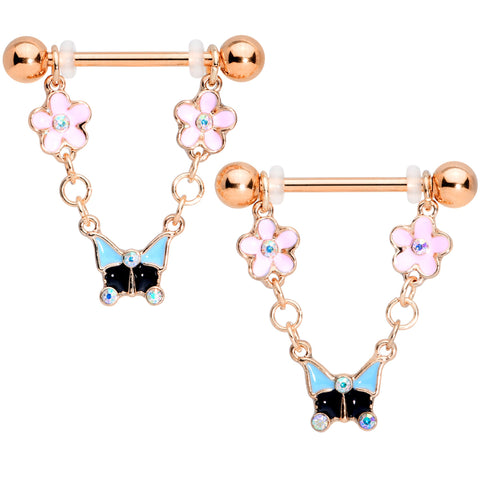 14G 5/8 Aurora Gem Rose Gold Tone Flower Dangle Nipple Ring Set