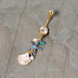 Clear Blue Gem Gold Tone Ocean Treasure Nautical Dangle Belly Ring