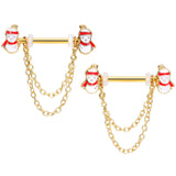 14G 5/8 Gold Tone Snowman Christmas Dangle Nipple Ring Set