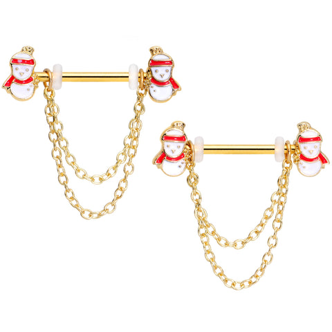 14G 5/8 Gold Tone Snowman Christmas Dangle Nipple Ring Set