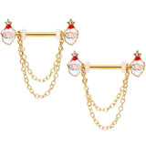 14G 5/8 Clear Gem Gold Tone Santa Dangle Nipple Ring Set