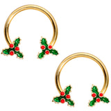 14G 9/16 Gold Tone Holly Christmas Horseshoe Nipple Ring Set