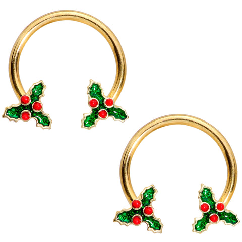 14G 9/16 Gold Tone Holly Christmas Horseshoe Nipple Ring Set