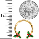 14G 9/16 Gold Tone Holly Christmas Horseshoe Nipple Ring Set