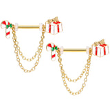 14G 5/8 Gold Tone Candy Cane Gift Holiday Dangle Nipple Ring Set