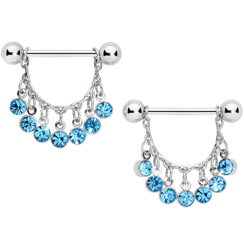 14G 5/8 Blue Gem Fringe Dangle Barbell Nipple Ring Set