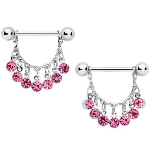 14G 5/8 Pink Gem Fringe Dangle Barbell Nipple Ring Set