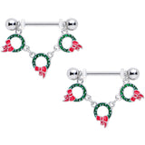 14G 5/8 Holiday Wreath Christmas Chain Dangle Nipple Ring Set