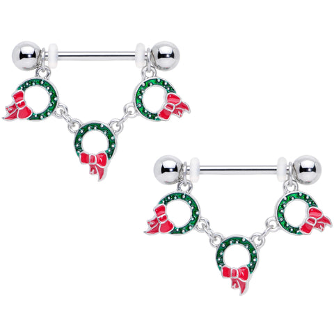 14G 5/8 Holiday Wreath Christmas Chain Dangle Nipple Ring Set